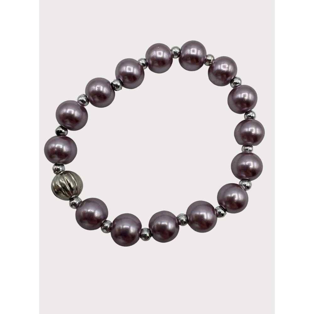 Lavender Pearl Bead Bracelet with Silver Accents Stretch Fit for Women Elegant F